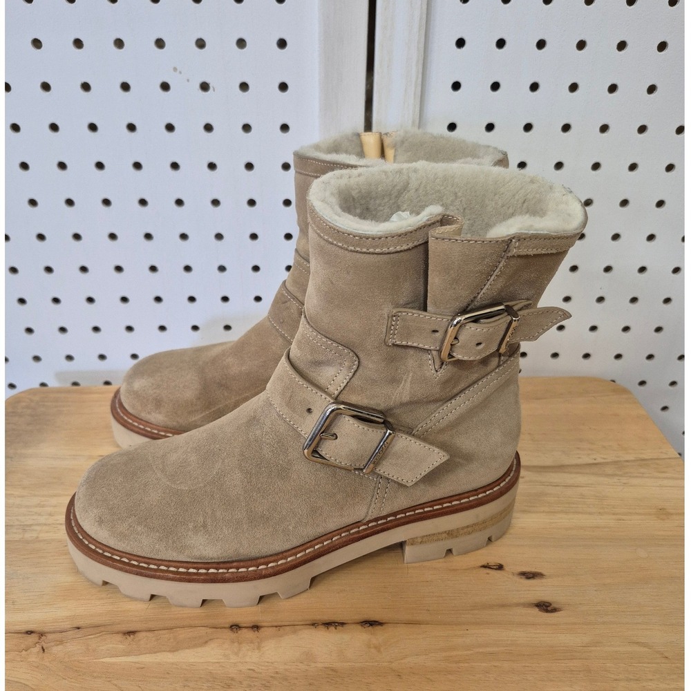 JIMMY CHOO Youth II Shearling Lined Buckled Suede Biker Boots Size 36 US 6